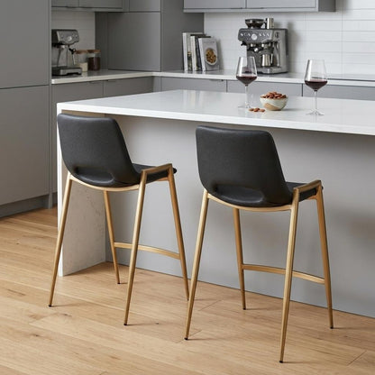 Set of Two 26" Black And Gold Faux Leather And Fabric And Steel Low Back Counter Height Bar Chairs