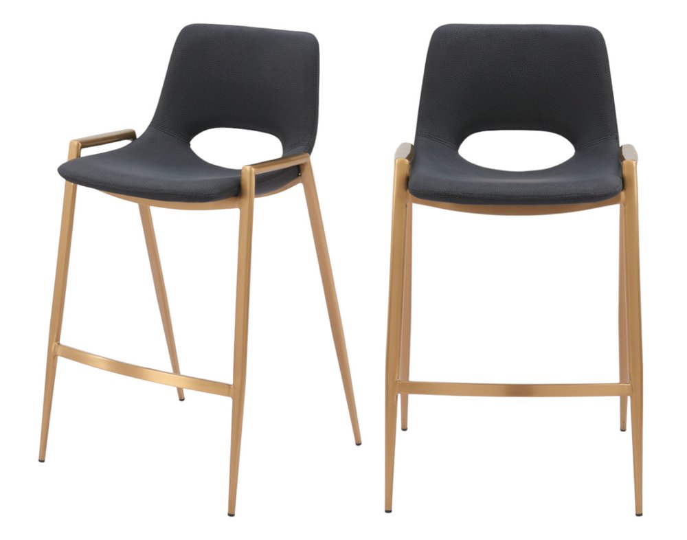 Set of Two 26" Black And Gold Faux Leather And Fabric And Steel Low Back Counter Height Bar Chairs