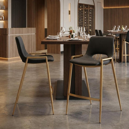 Set of Two 26" Black And Gold Faux Leather And Fabric And Steel Low Back Counter Height Bar Chairs