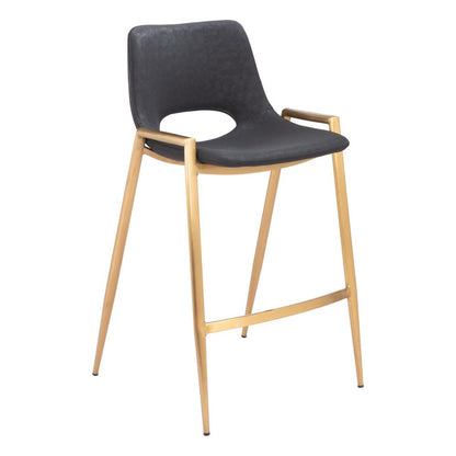 Set of Two 26" Black And Gold Faux Leather And Fabric And Steel Low Back Counter Height Bar Chairs