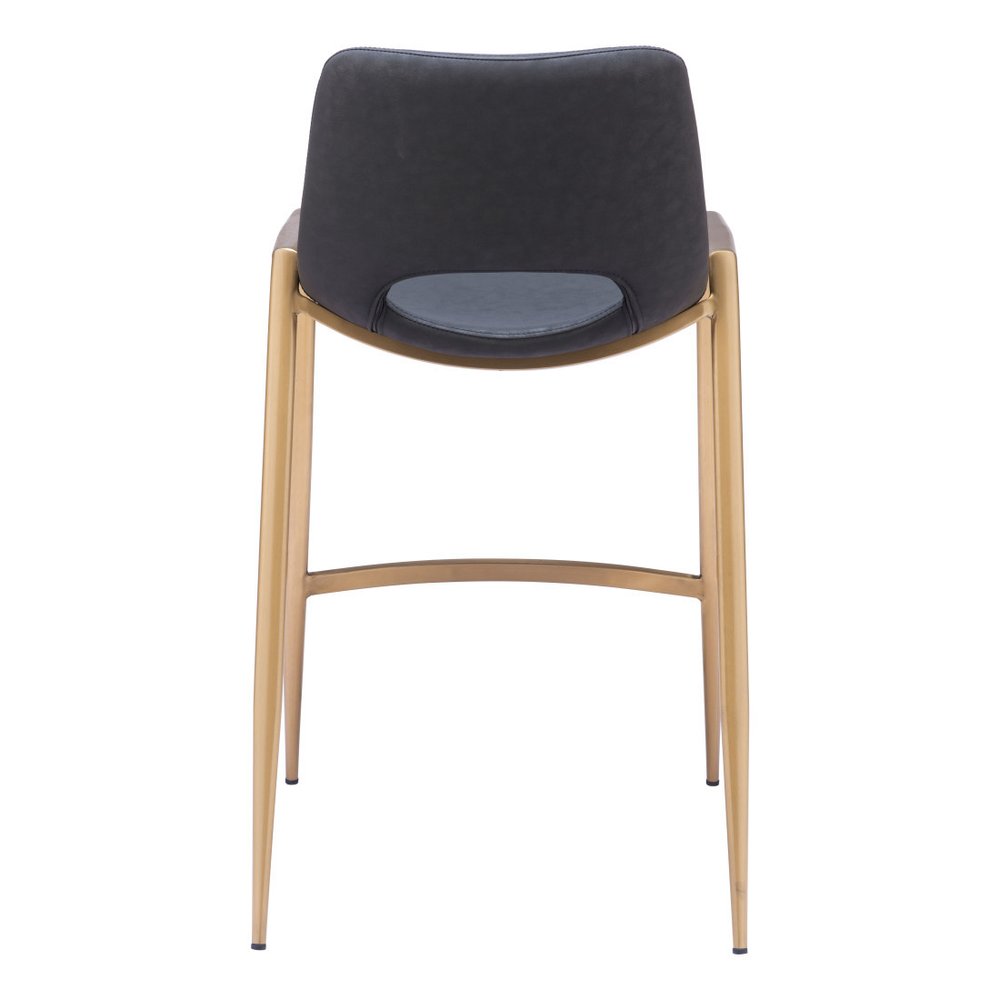 Set of Two 26" Black And Gold Faux Leather And Fabric And Steel Low Back Counter Height Bar Chairs