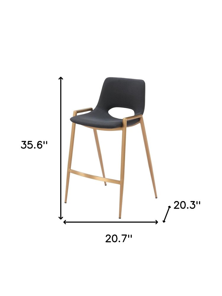 Set of Two 26" Black And Gold Faux Leather And Fabric And Steel Low Back Counter Height Bar Chairs