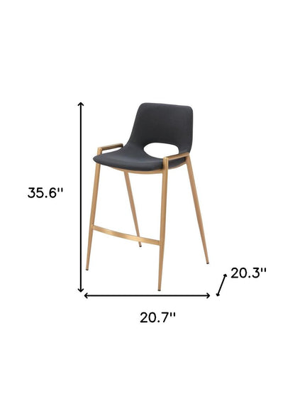 Set of Two 26" Black And Gold Faux Leather And Fabric And Steel Low Back Counter Height Bar Chairs