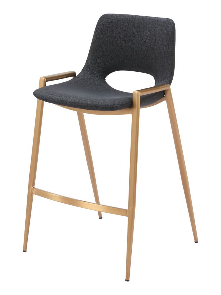 Set of Two 26" Black And Gold Faux Leather And Fabric And Steel Low Back Counter Height Bar Chairs