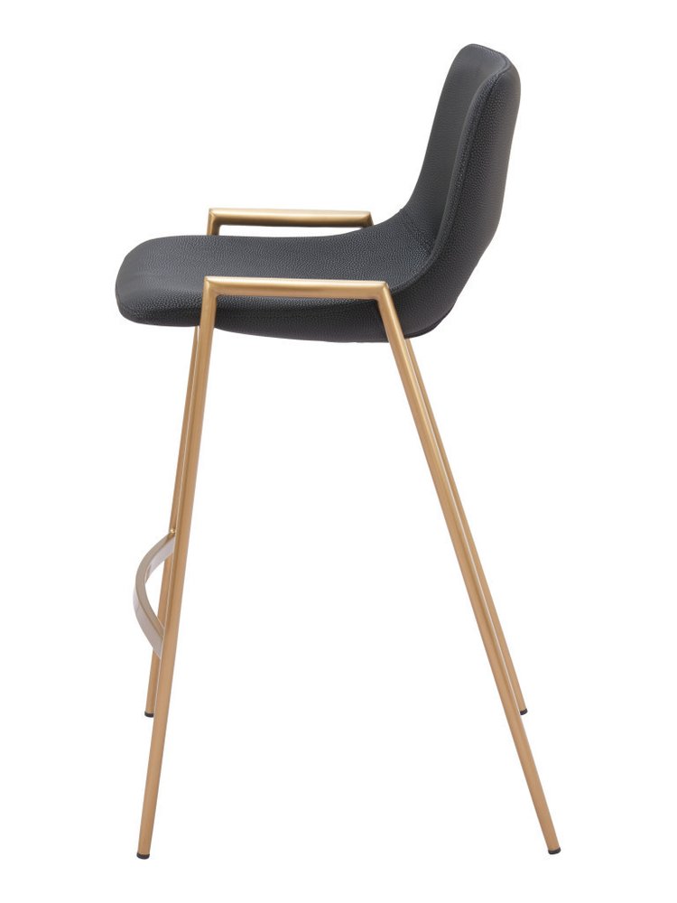 Set of Two 26" Black And Gold Faux Leather And Fabric And Steel Low Back Counter Height Bar Chairs