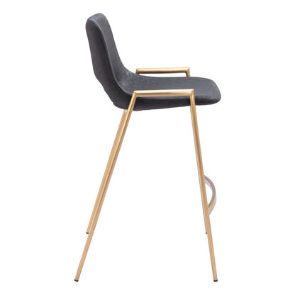Set of Two 26" Black And Gold Faux Leather And Fabric And Steel Low Back Counter Height Bar Chairs