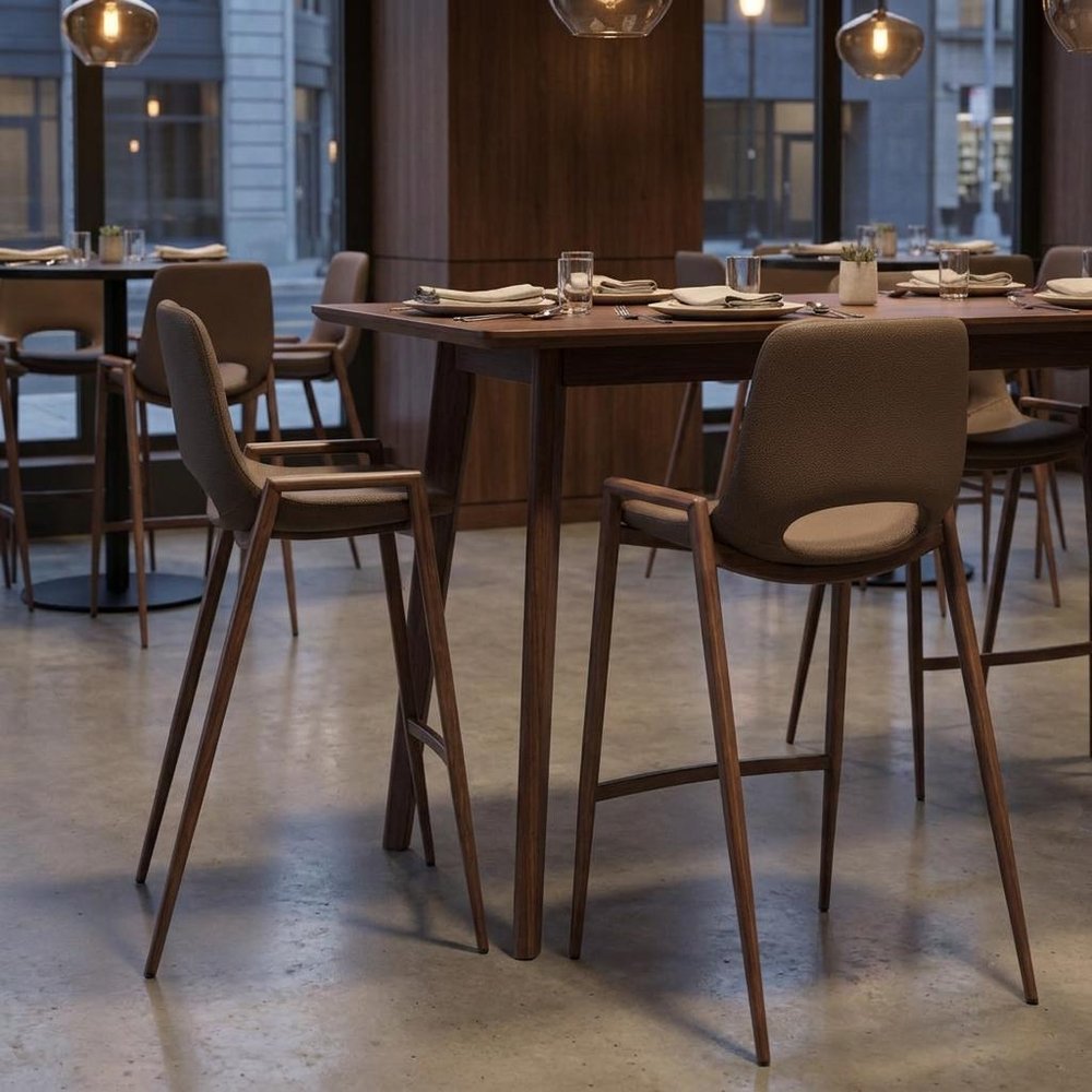 Set of Two 26" Brown Faux Leather And Fabric And Steel Low Back Counter Height Bar Chairs