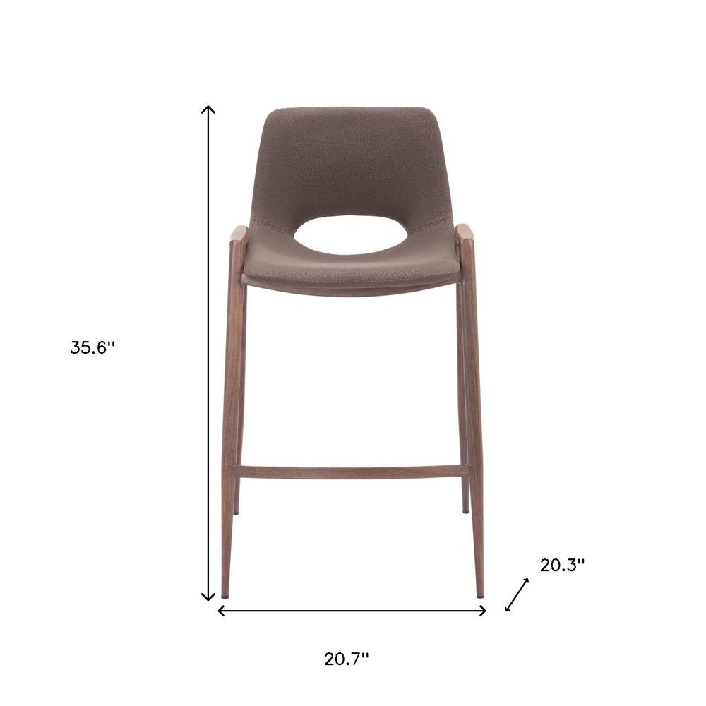 Set of Two 26" Brown Faux Leather And Fabric And Steel Low Back Counter Height Bar Chairs