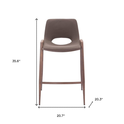 Set of Two 26" Brown Faux Leather And Fabric And Steel Low Back Counter Height Bar Chairs