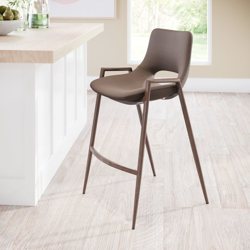 Set of Two 26" Brown Faux Leather And Fabric And Steel Low Back Counter Height Bar Chairs