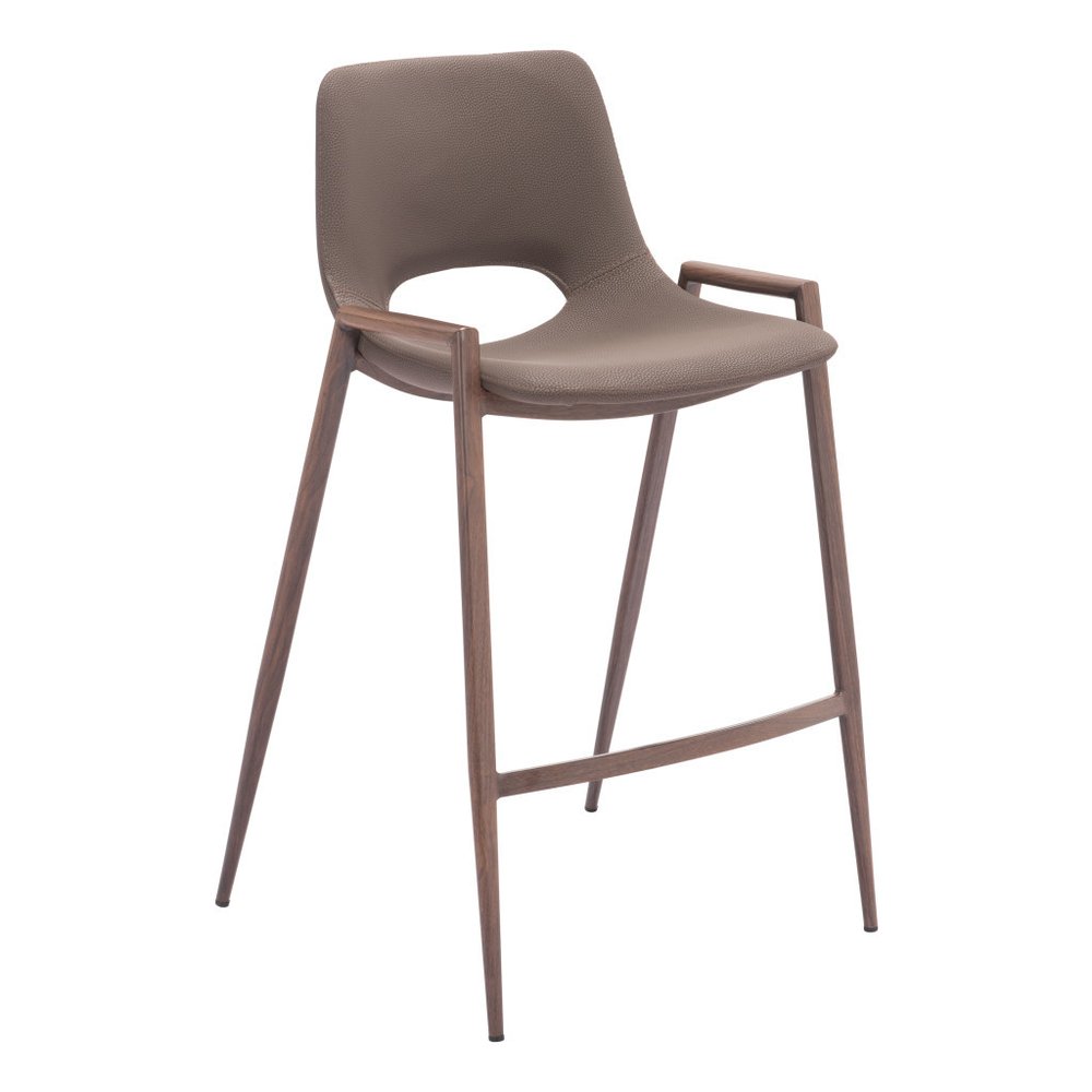 Set of Two 26" Brown Faux Leather And Fabric And Steel Low Back Counter Height Bar Chairs