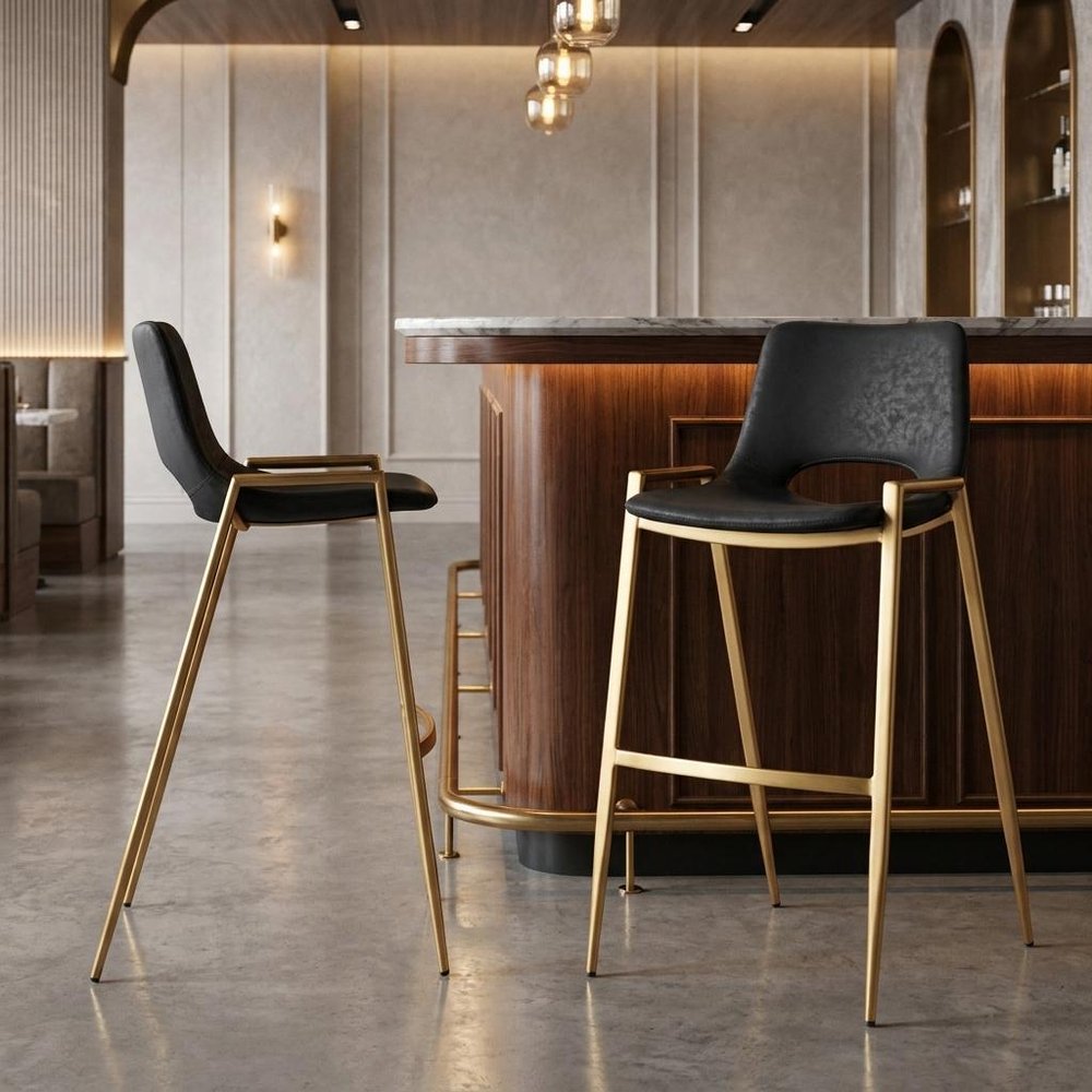 Set of Two 30" Black And Gold Faux Leather And Steel Low Back Bar Height Bar Chairs