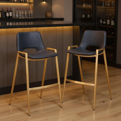 Set of Two 30" Black And Gold Faux Leather And Steel Low Back Bar Height Bar Chairs