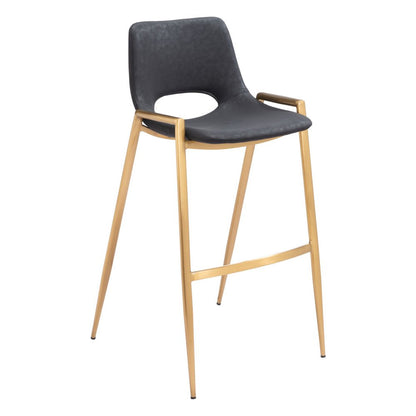 Set of Two 30" Black And Gold Faux Leather And Steel Low Back Bar Height Bar Chairs