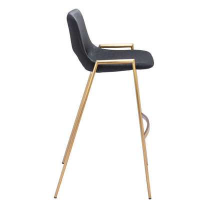 Set of Two 30" Black And Gold Faux Leather And Steel Low Back Bar Height Bar Chairs