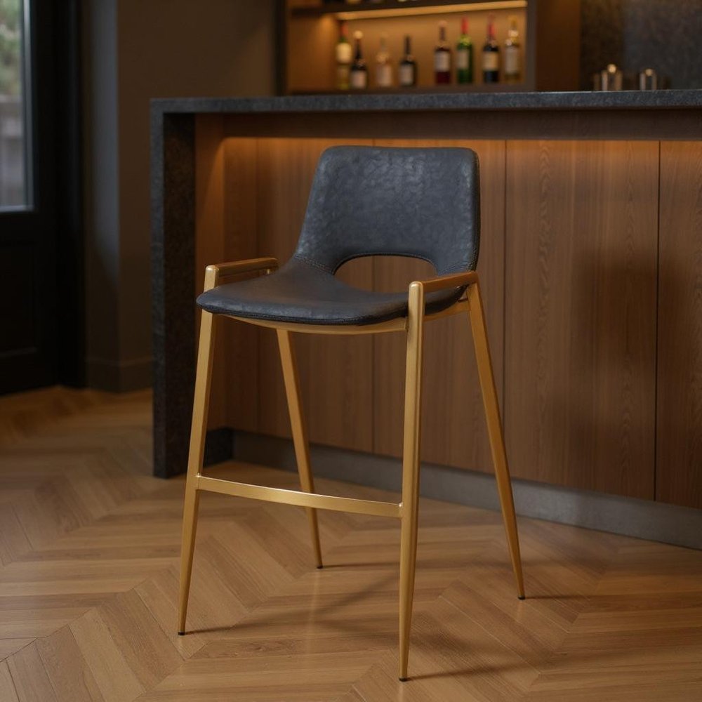 Set of Two 30" Black And Gold Faux Leather And Steel Low Back Bar Height Bar Chairs