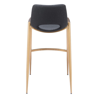 Set of Two 30" Black And Gold Faux Leather And Steel Low Back Bar Height Bar Chairs