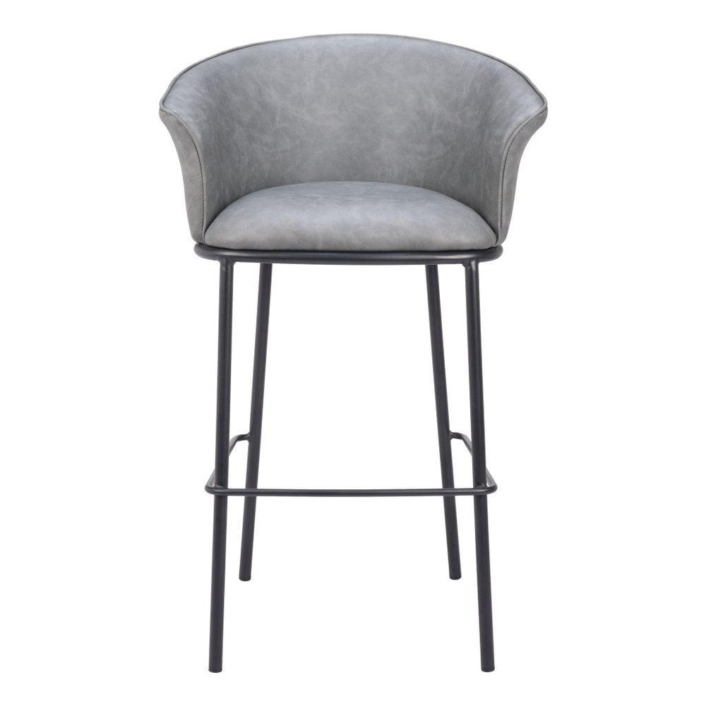 30" Gray And Black Faux Leather And Fabric And Steel Bar Height Bar Chair