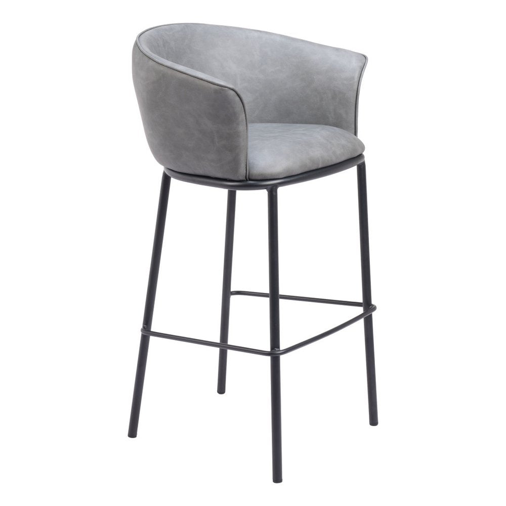 30" Gray And Black Faux Leather And Fabric And Steel Bar Height Bar Chair