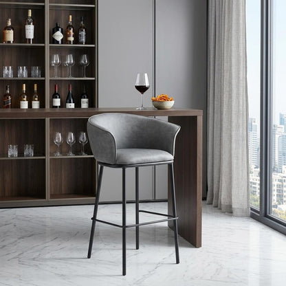 30" Gray And Black Faux Leather And Fabric And Steel Bar Height Bar Chair