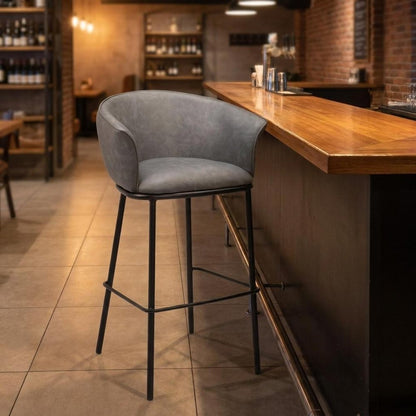 30" Gray And Black Faux Leather And Fabric And Steel Bar Height Bar Chair