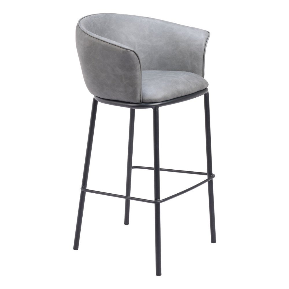 30" Gray And Black Faux Leather And Fabric And Steel Bar Height Bar Chair