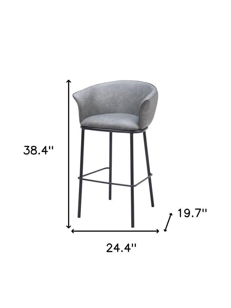 30" Gray And Black Faux Leather And Fabric And Steel Bar Height Bar Chair