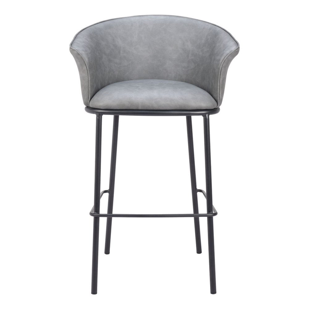30" Gray And Black Faux Leather And Fabric And Steel Bar Height Bar Chair