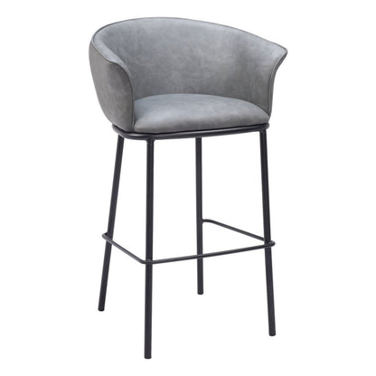 30" Gray And Black Faux Leather And Fabric And Steel Bar Height Bar Chair