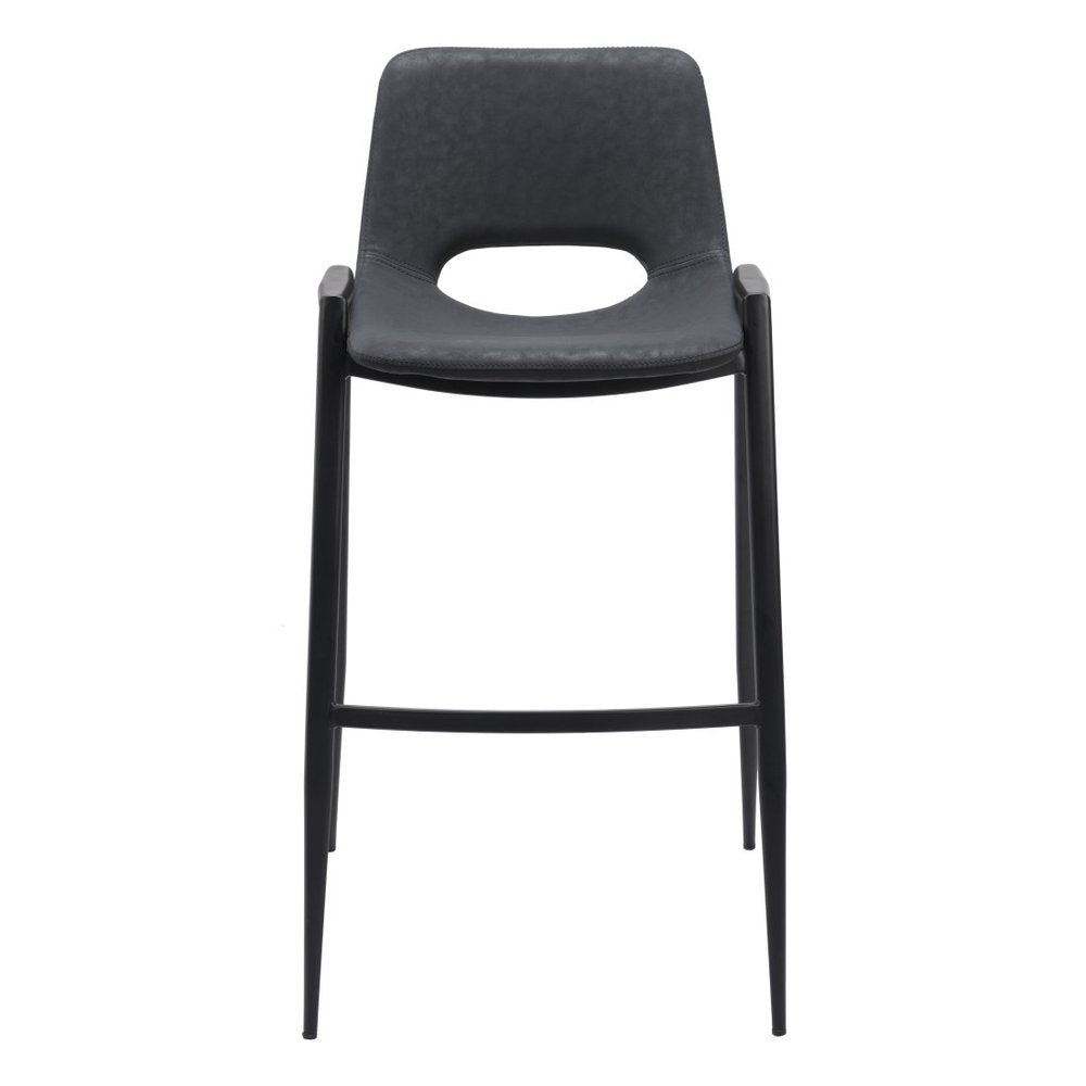 Set of Two 30" Black Faux Leather And Fabric And Steel Low Back Bar Height Bar Chairs