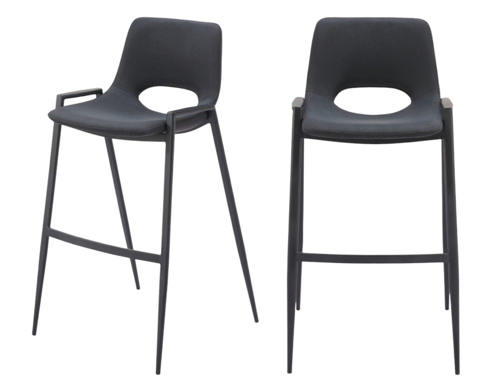 Set of Two 30" Black Faux Leather And Fabric And Steel Low Back Bar Height Bar Chairs