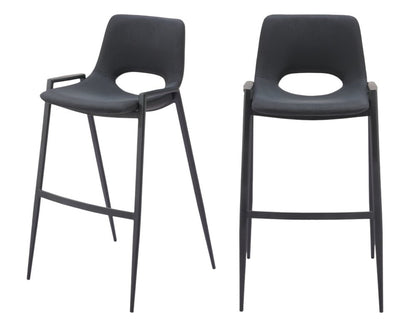 Set of Two 30" Black Faux Leather And Fabric And Steel Low Back Bar Height Bar Chairs