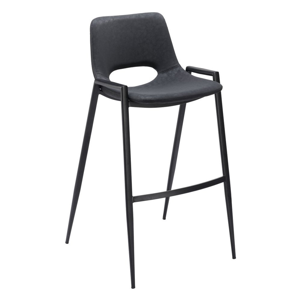 Set of Two 30" Black Faux Leather And Fabric And Steel Low Back Bar Height Bar Chairs
