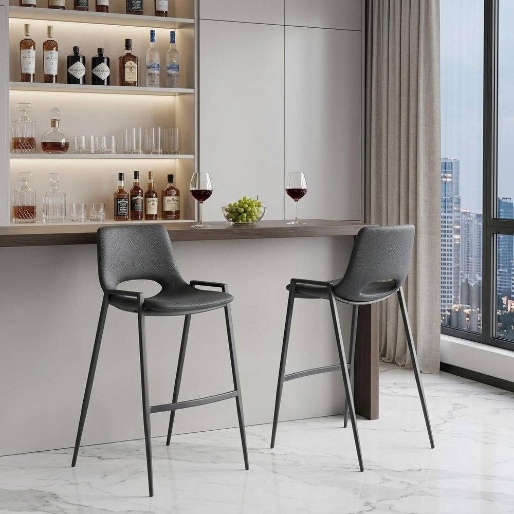 Set of Two 30" Black Faux Leather And Fabric And Steel Low Back Bar Height Bar Chairs