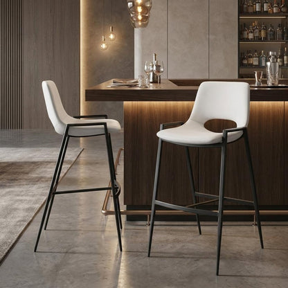 Set of Two 30" Black Faux Leather And Fabric And Steel Low Back Bar Height Bar Chairs