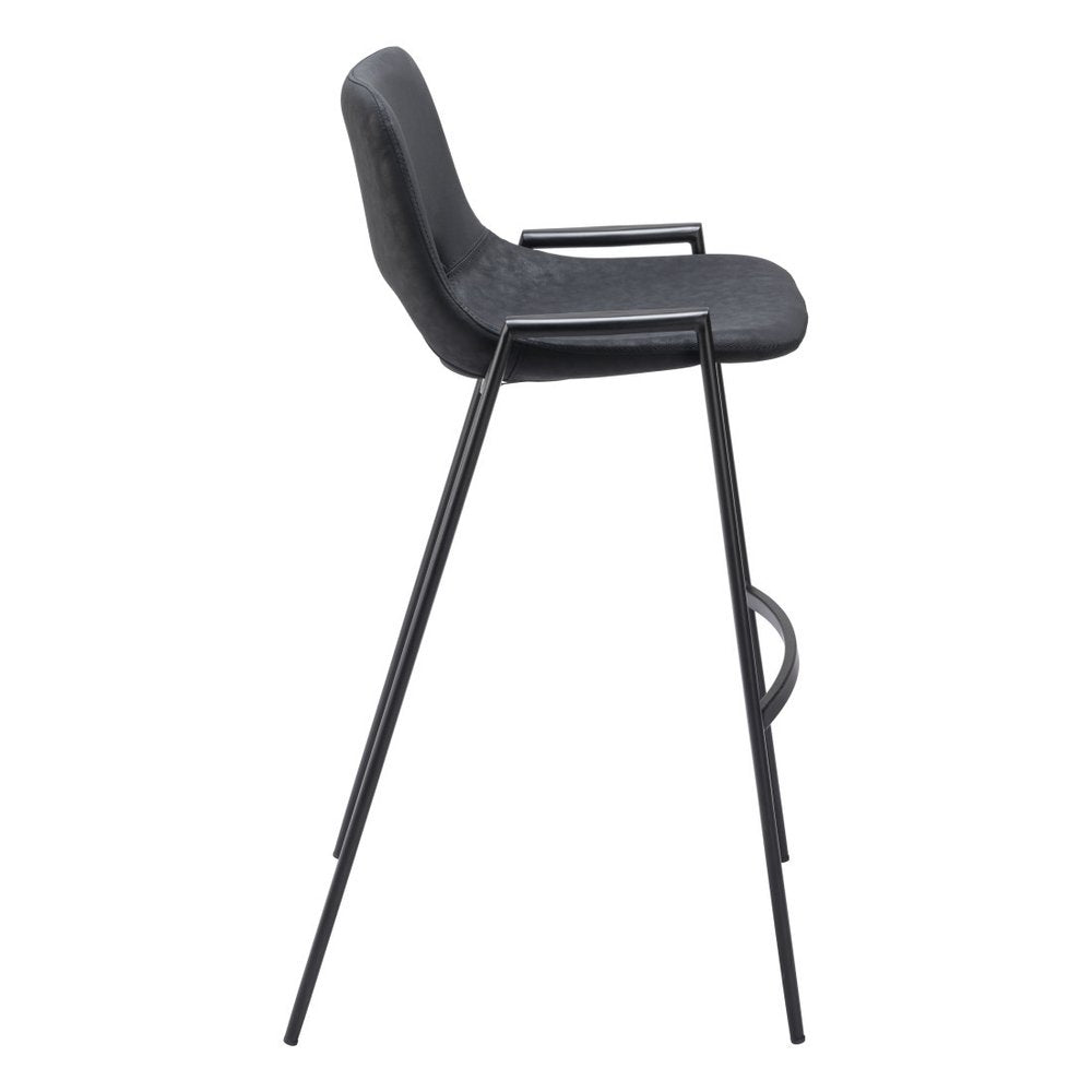 Set of Two 30" Black Faux Leather And Fabric And Steel Low Back Bar Height Bar Chairs