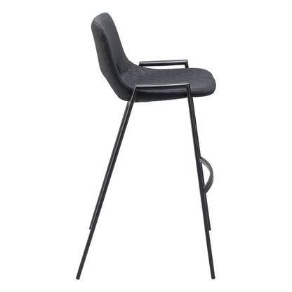 Set of Two 30" Black Faux Leather And Fabric And Steel Low Back Bar Height Bar Chairs