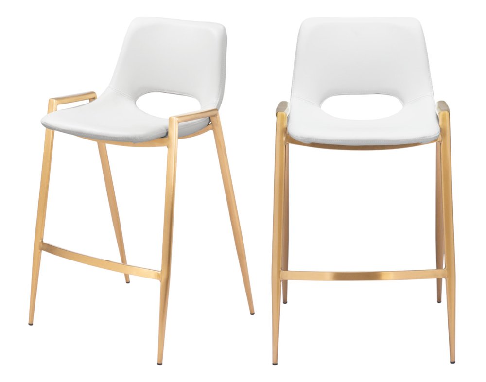 Set of Two 26" White And Gold Faux Leather And Fabric And Steel Low Back Counter Height Bar Chairs