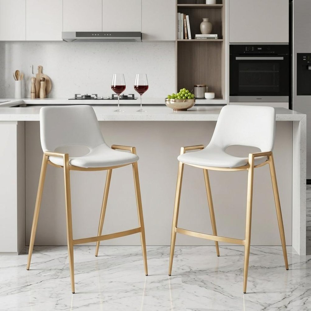 Set of Two 26" White And Gold Faux Leather And Fabric And Steel Low Back Counter Height Bar Chairs