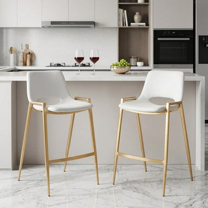 Set of Two 26" White And Gold Faux Leather And Fabric And Steel Low Back Counter Height Bar Chairs