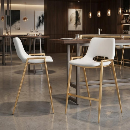 Set of Two 26" White And Gold Faux Leather And Fabric And Steel Low Back Counter Height Bar Chairs
