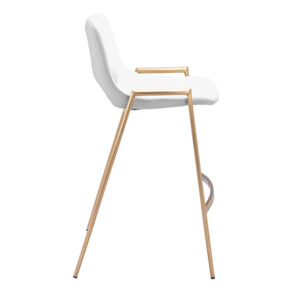 Set of Two 26" White And Gold Faux Leather And Fabric And Steel Low Back Counter Height Bar Chairs