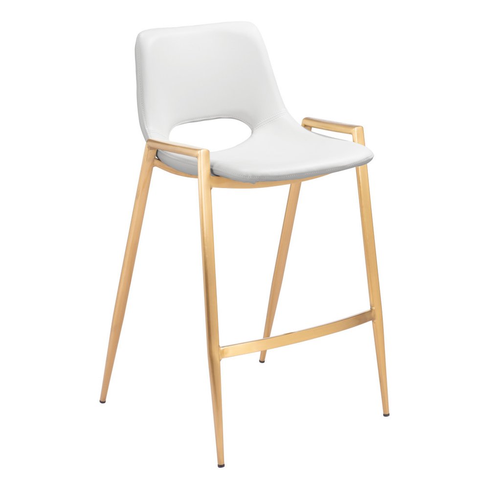 Set of Two 26" White And Gold Faux Leather And Fabric And Steel Low Back Counter Height Bar Chairs
