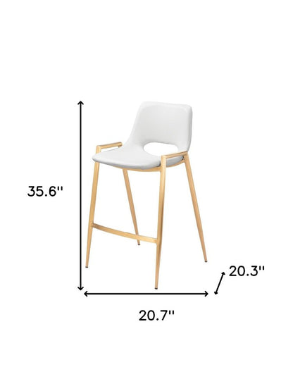 Set of Two 26" White And Gold Faux Leather And Fabric And Steel Low Back Counter Height Bar Chairs