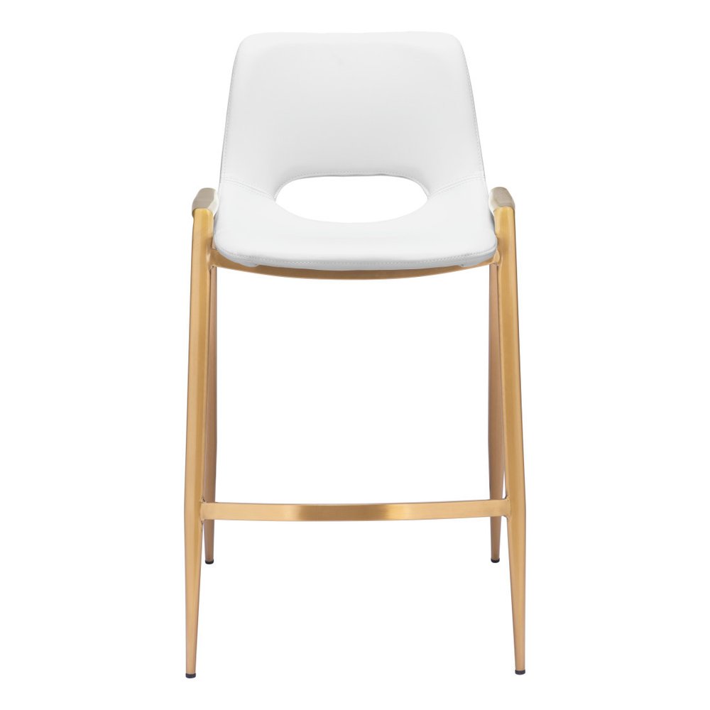 Set of Two 26" White And Gold Faux Leather And Fabric And Steel Low Back Counter Height Bar Chairs