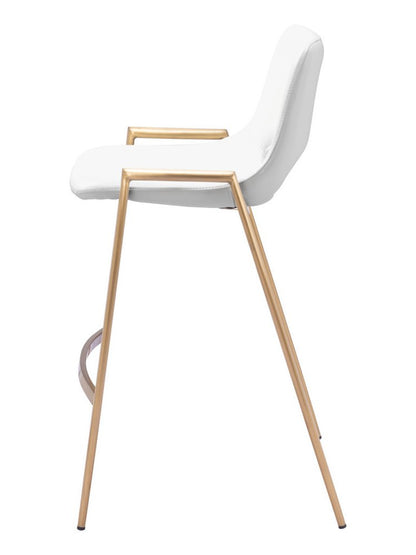 Set of Two 26" White And Gold Faux Leather And Fabric And Steel Low Back Counter Height Bar Chairs