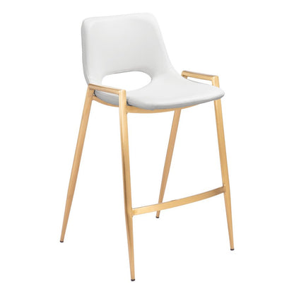 Set of Two 26" White And Gold Faux Leather And Fabric And Steel Low Back Counter Height Bar Chairs
