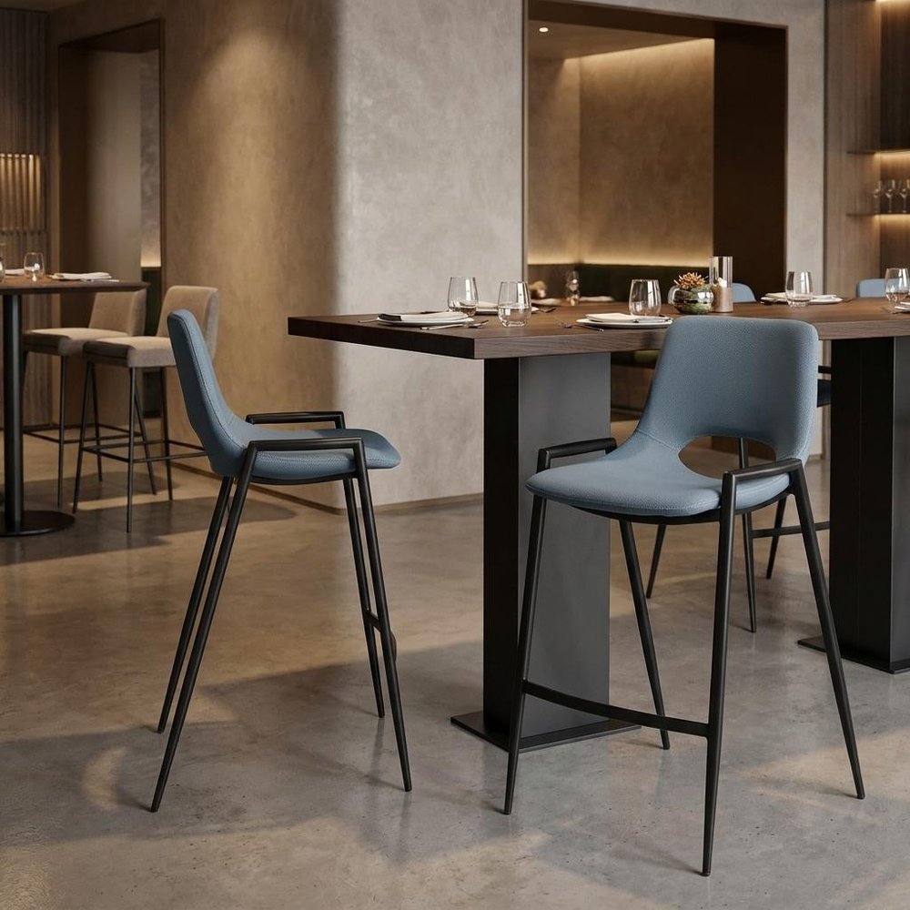 Set of Two 26" Blue And Black Faux Leather And Fabric And Steel Low Back Counter Height Bar Chairs