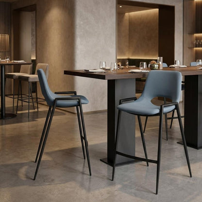 Set of Two 26" Blue And Black Faux Leather And Fabric And Steel Low Back Counter Height Bar Chairs