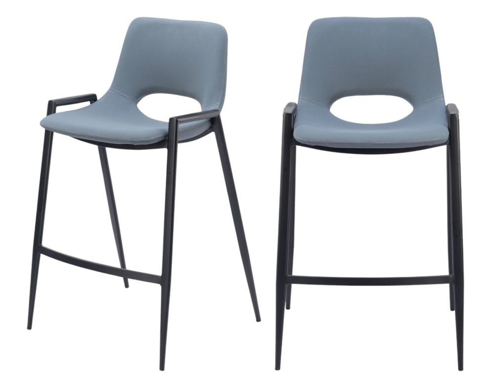 Set of Two 26" Blue And Black Faux Leather And Fabric And Steel Low Back Counter Height Bar Chairs